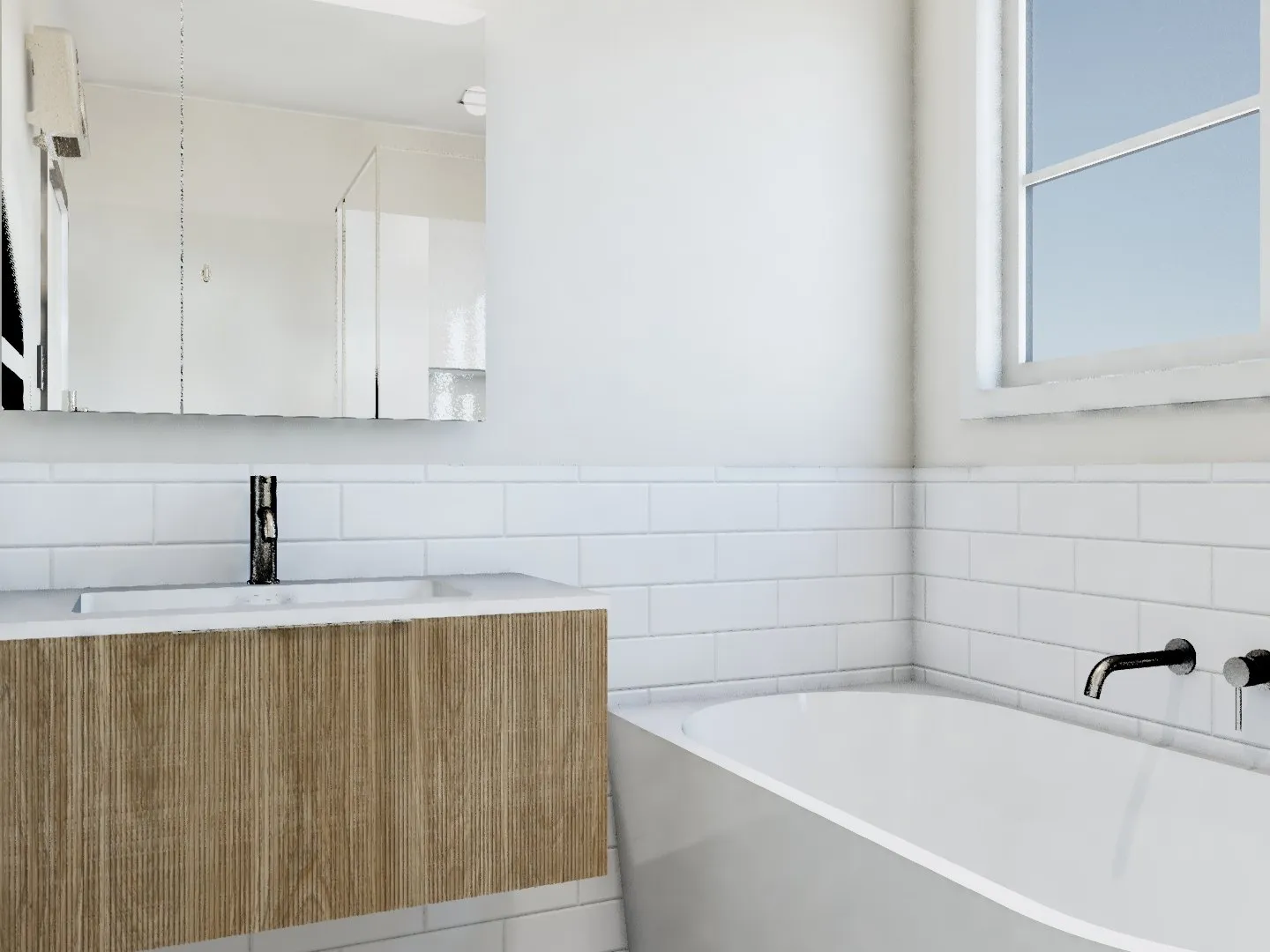 Blacktan's 3D concept render of the same bathroom: timber wall-hung vanity, white tiles and a freestanding bath